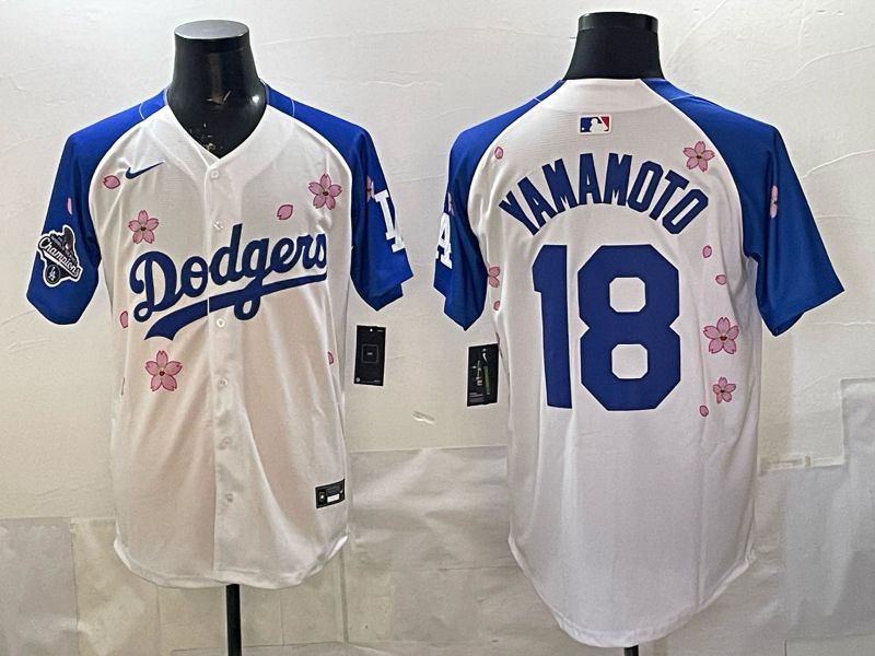 Men Nike 2026 Los Angeles Dodgers #18 Yamamoto White Blue Sakura Edition Game MLB Jersey 12084->los angeles dodgers->MLB Jersey